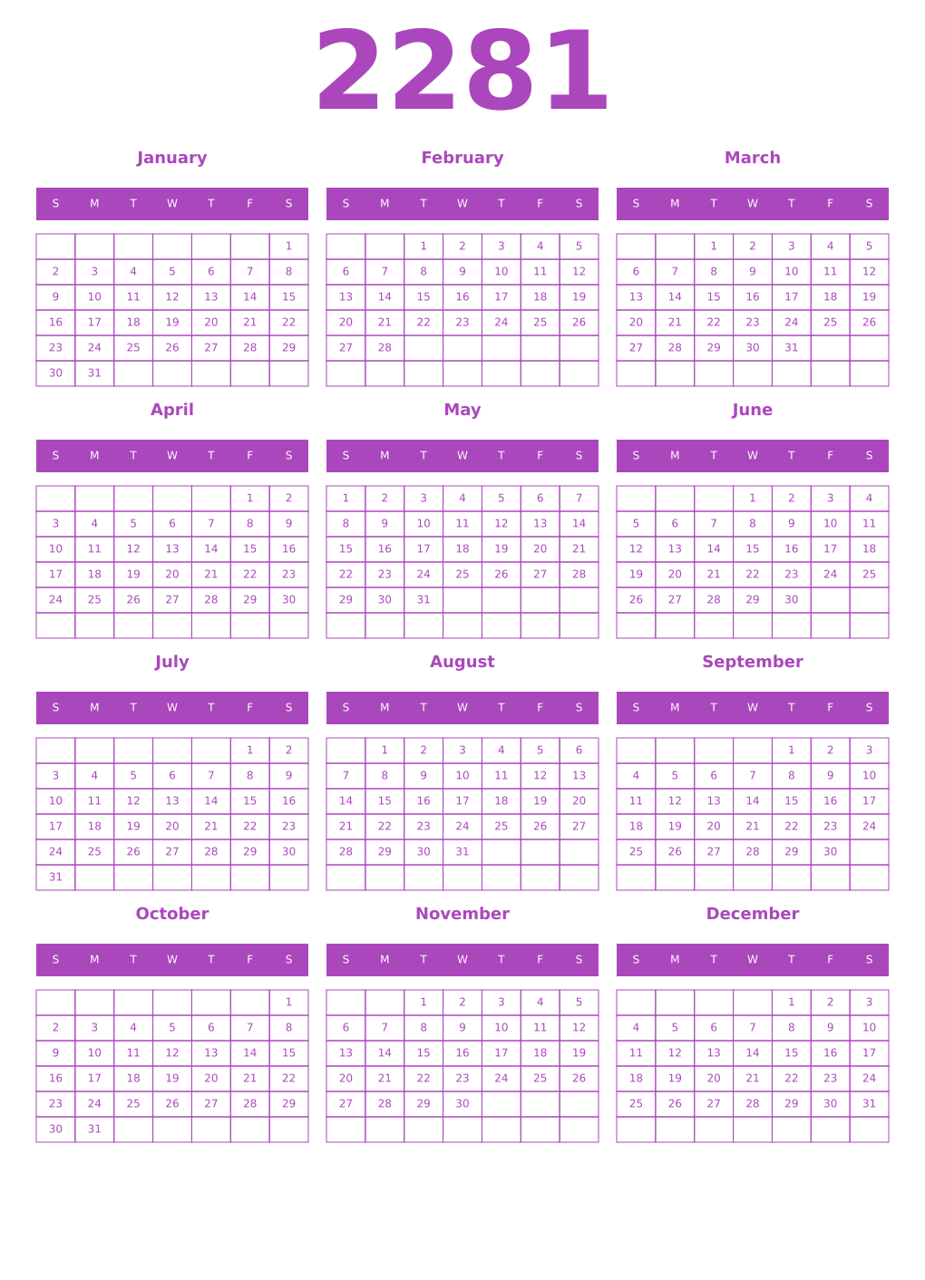 Printable 2281 Year Calendars purple