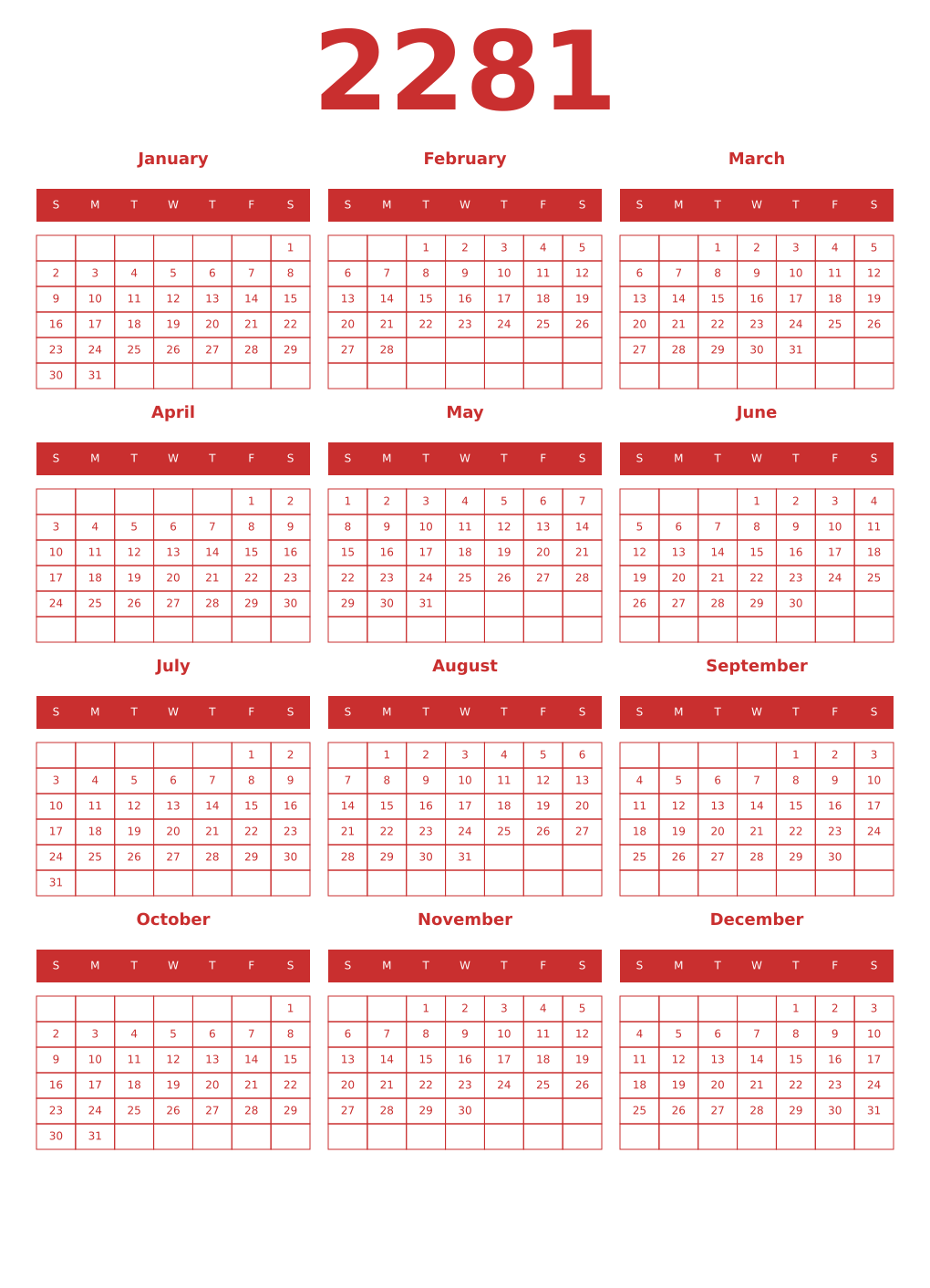 Printable 2281 Year Calendars red