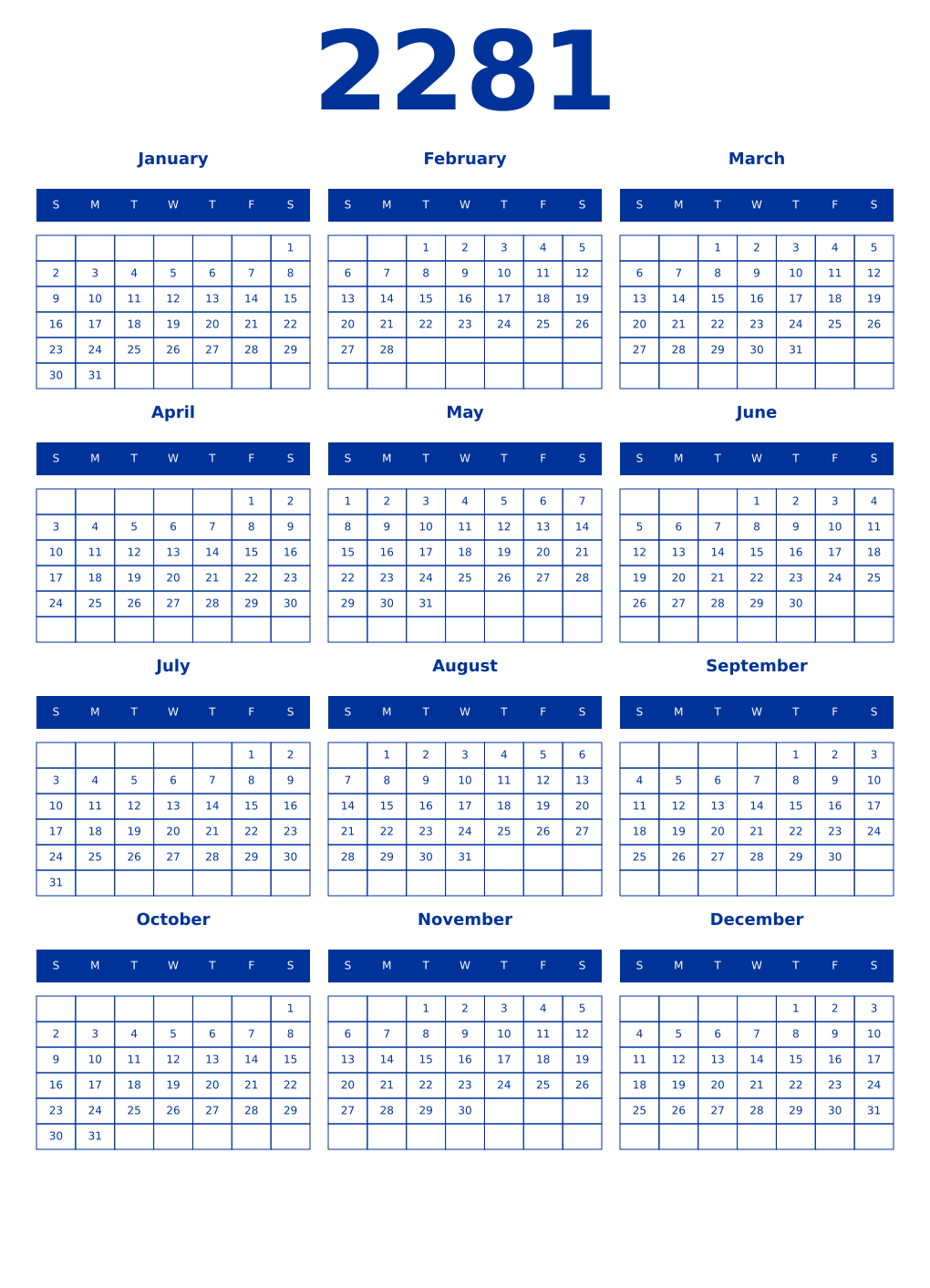 Printable 2281 Year Calendars smalt
