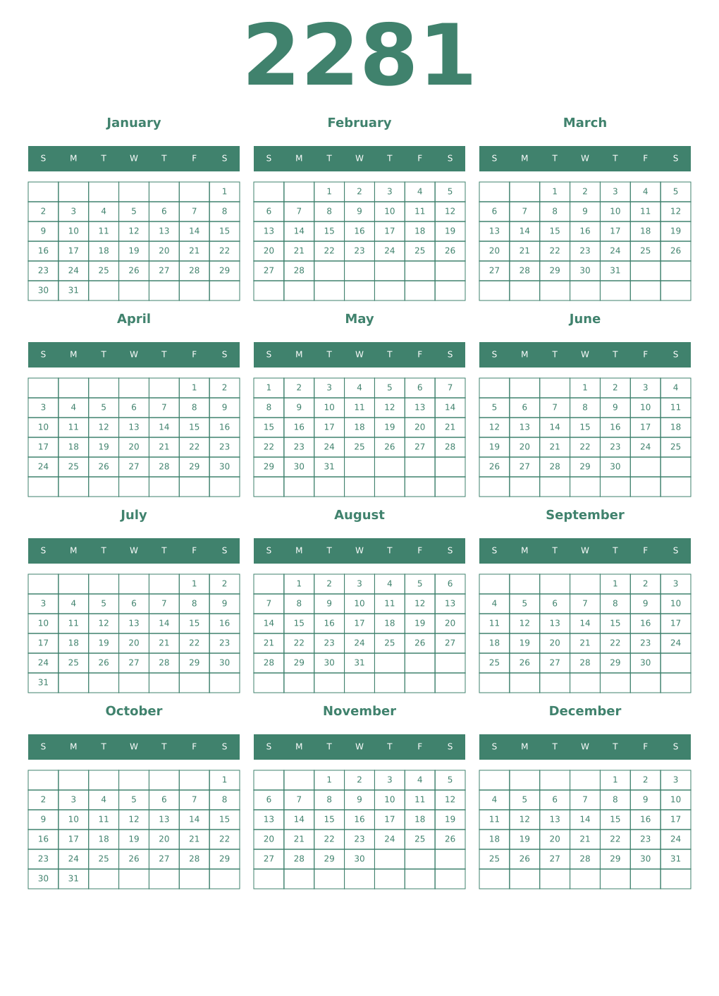 Printable 2281 Year Calendars viridian