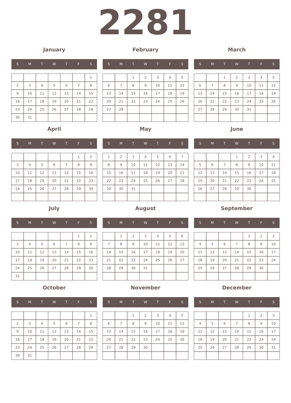Printable 2281 Year Calendars wenge