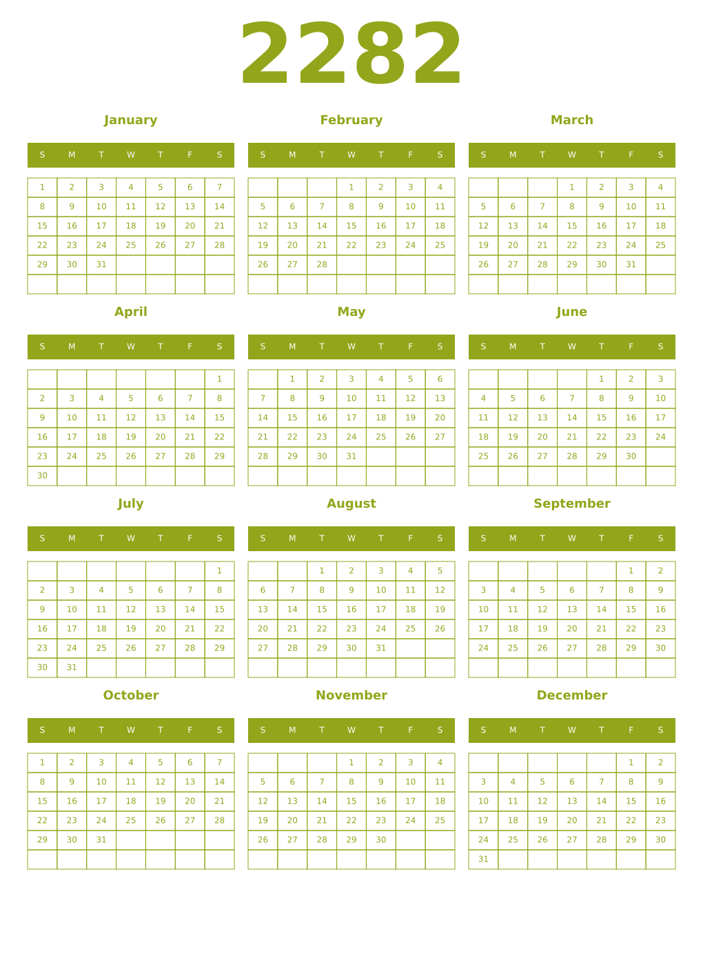 Printable 2282 Year Calendars chartreuse