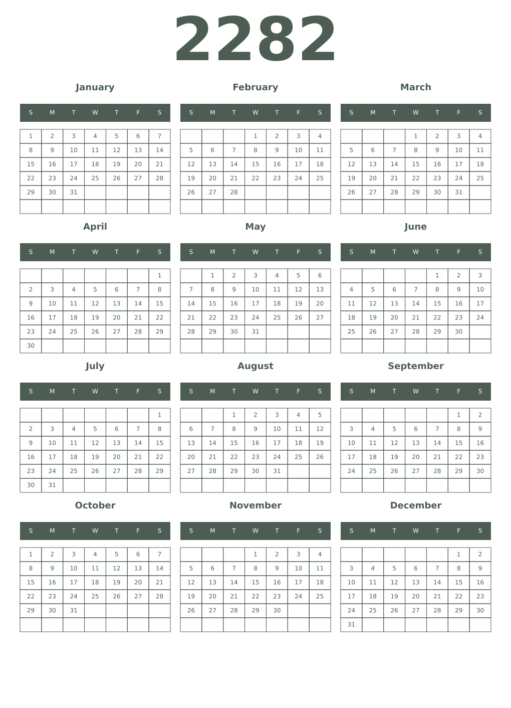 Printable 2282 Year Calendars feldgrau