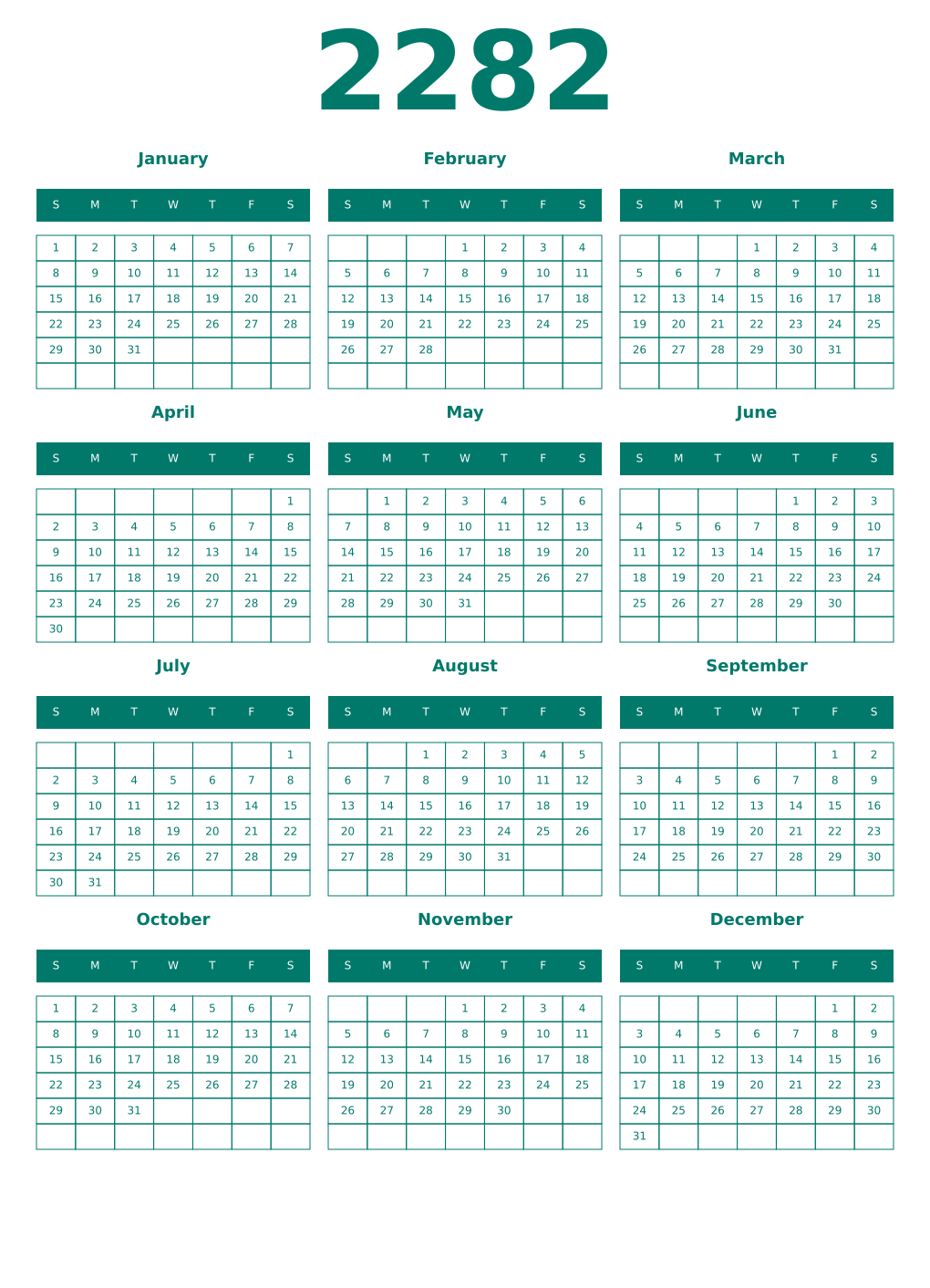Printable 2282 Year Calendars pastel