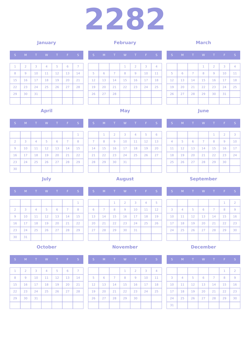 Printable 2282 Year Calendars periwinkle