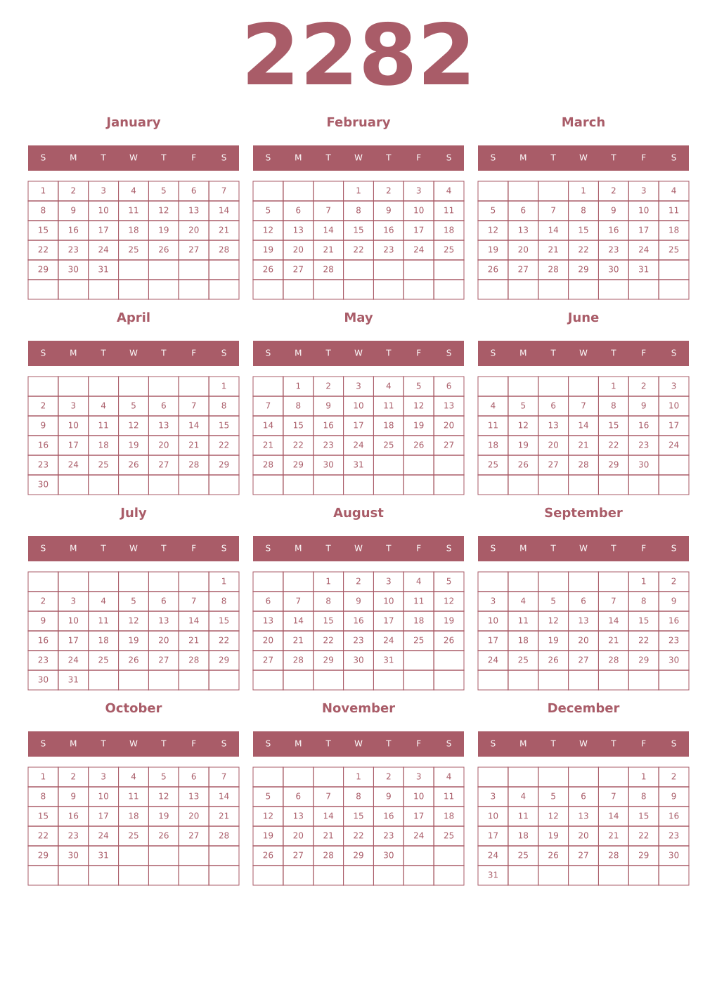 Printable 2282 Year Calendars puce