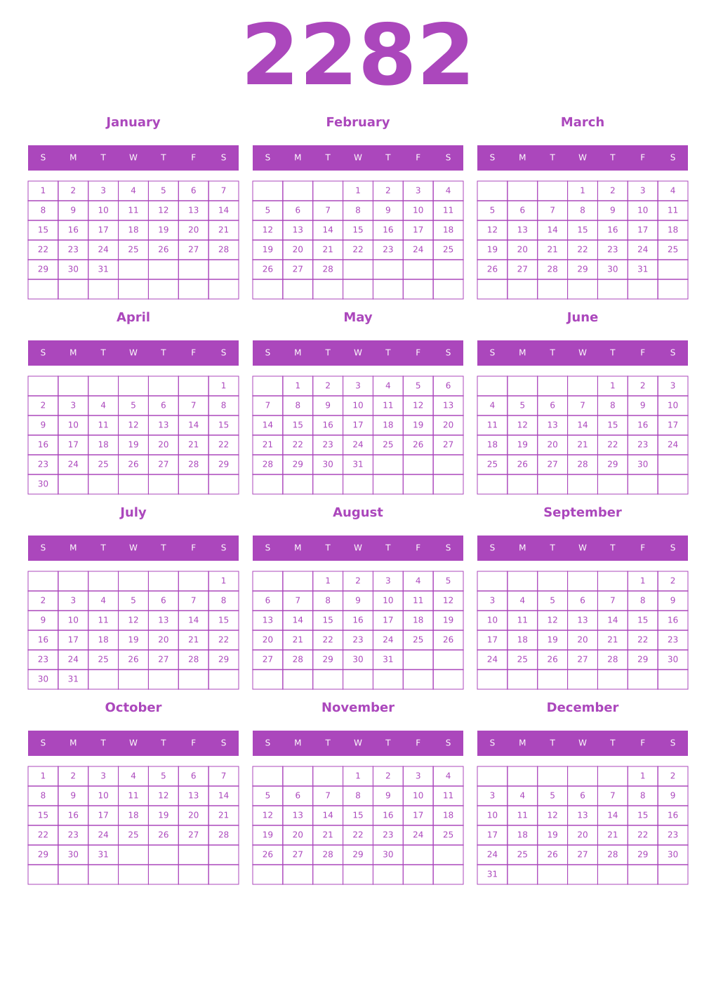 Printable 2282 Year Calendars purple