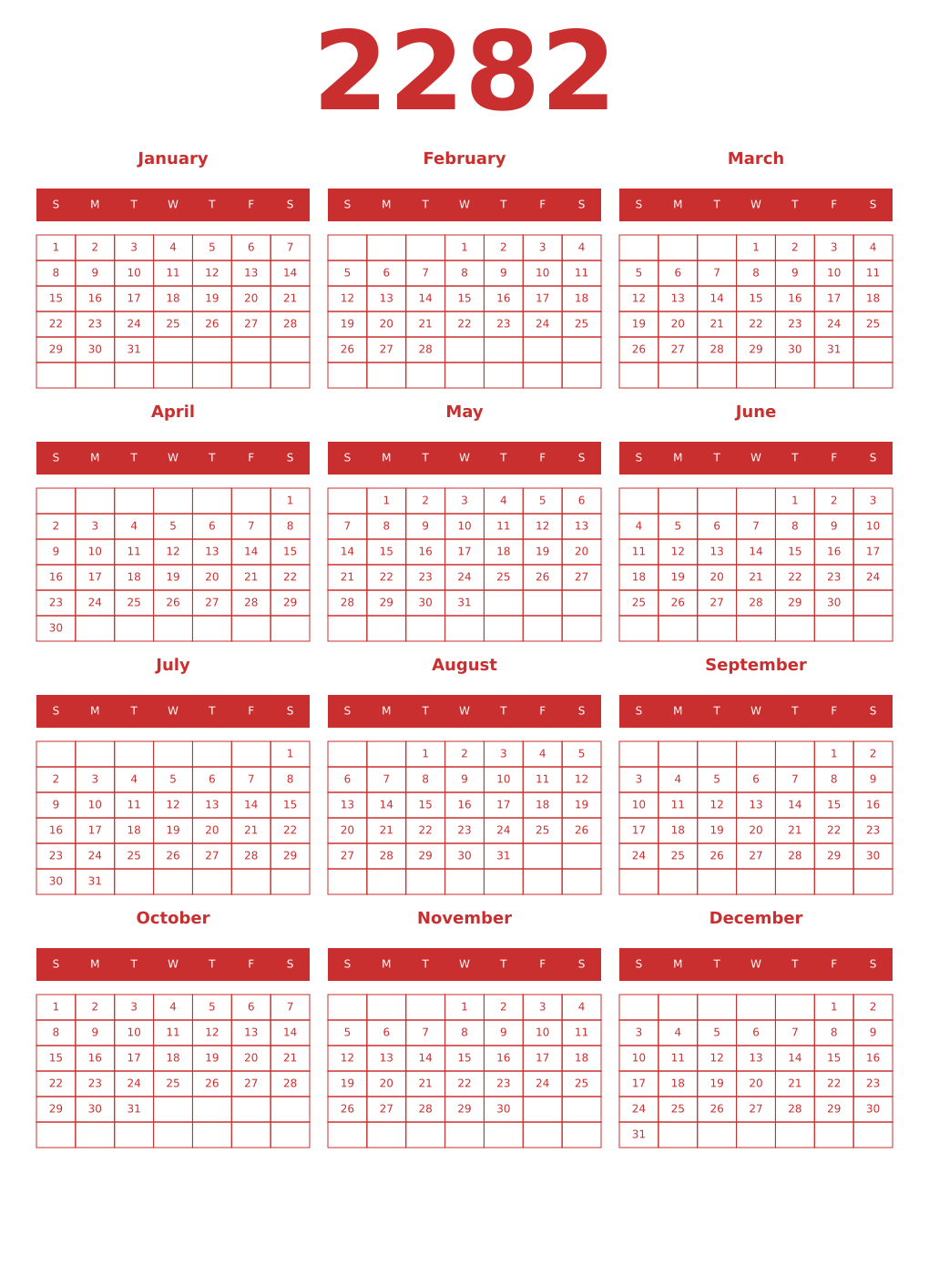 Printable 2282 Year Calendars red