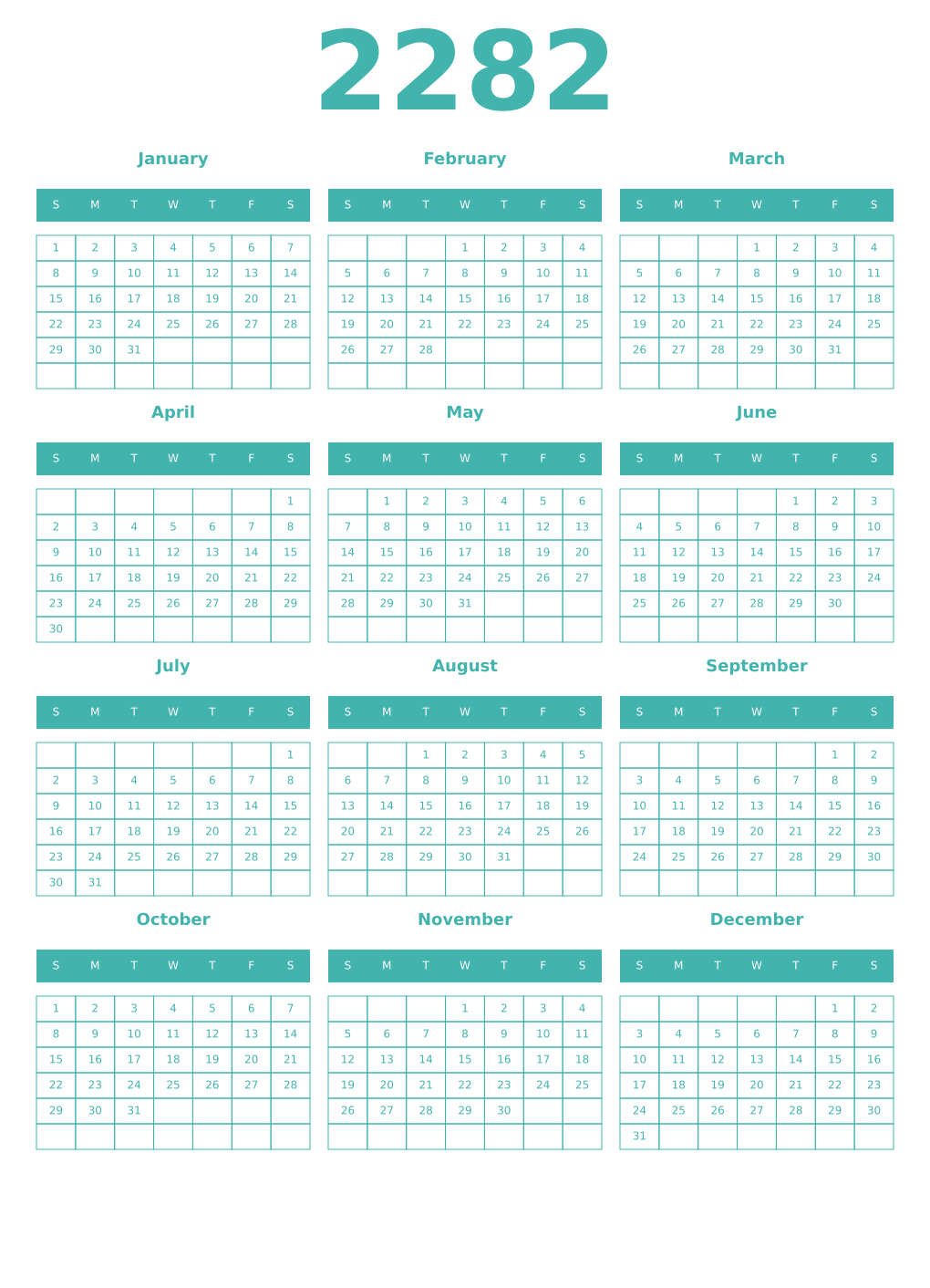 Printable 2282 Year Calendars verdigris