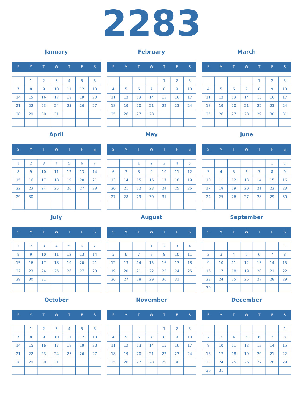 Printable 2283 Year Calendars blue