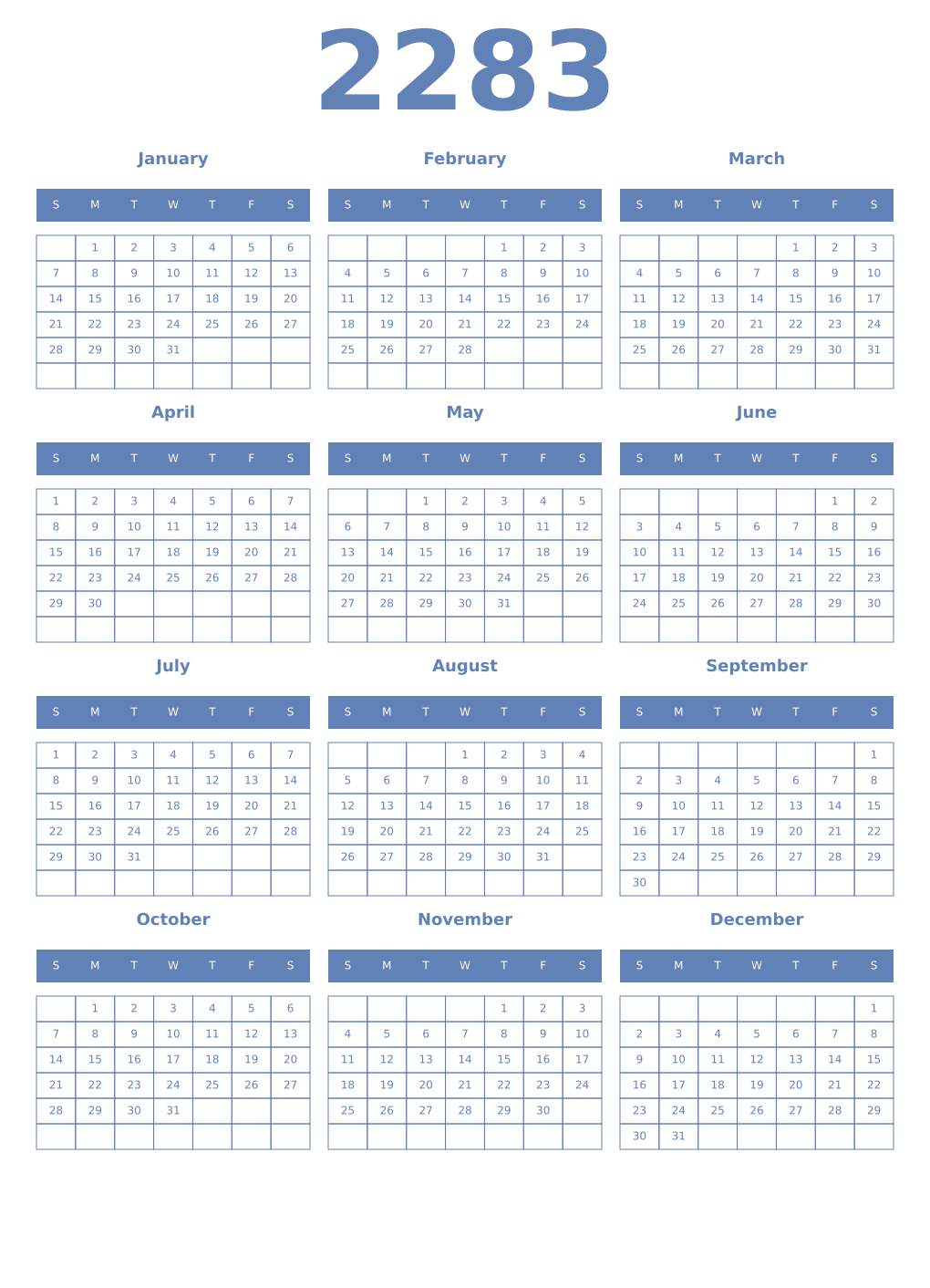 Printable 2283 Year Calendars glaucous