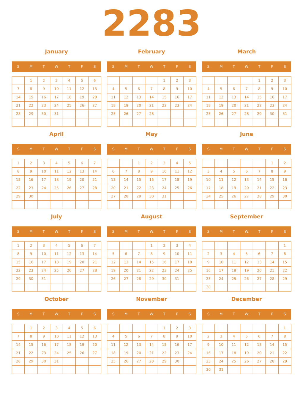 Printable 2283 Year Calendars orange