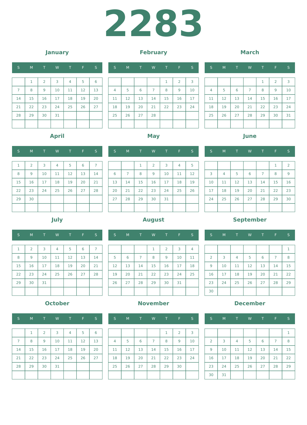 Printable 2283 Year Calendars viridian