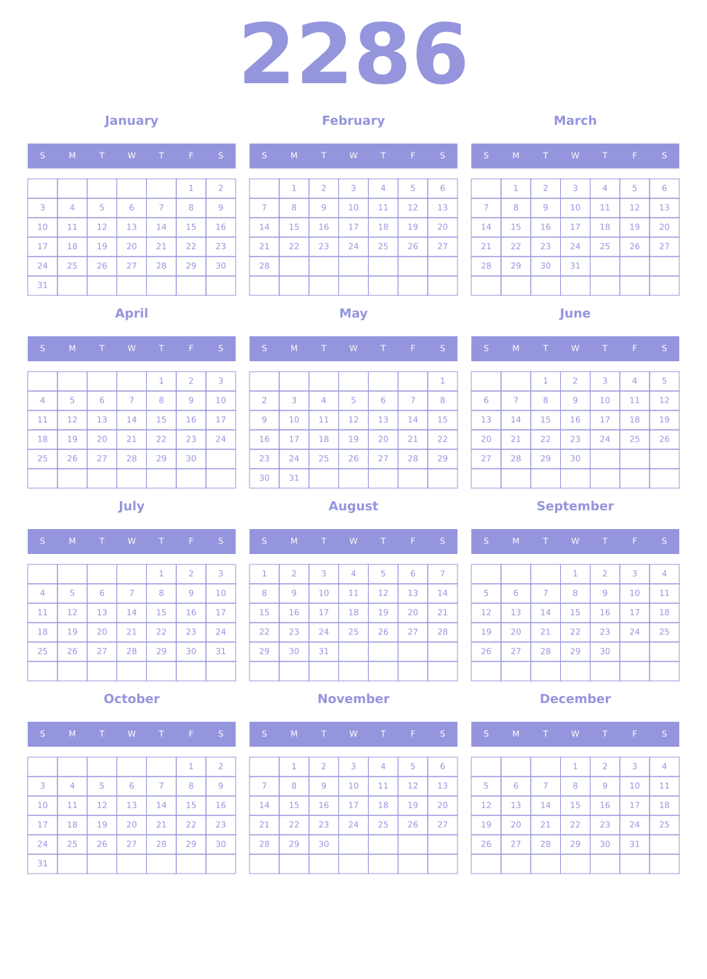 Printable 2286 Year Calendars periwinkle