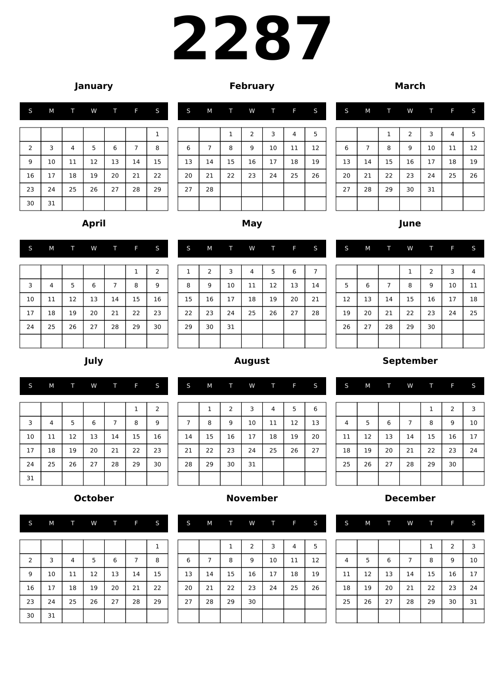 Printable 2287 Year Calendars black