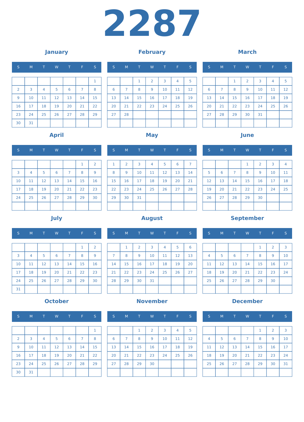 Printable 2287 Year Calendars blue