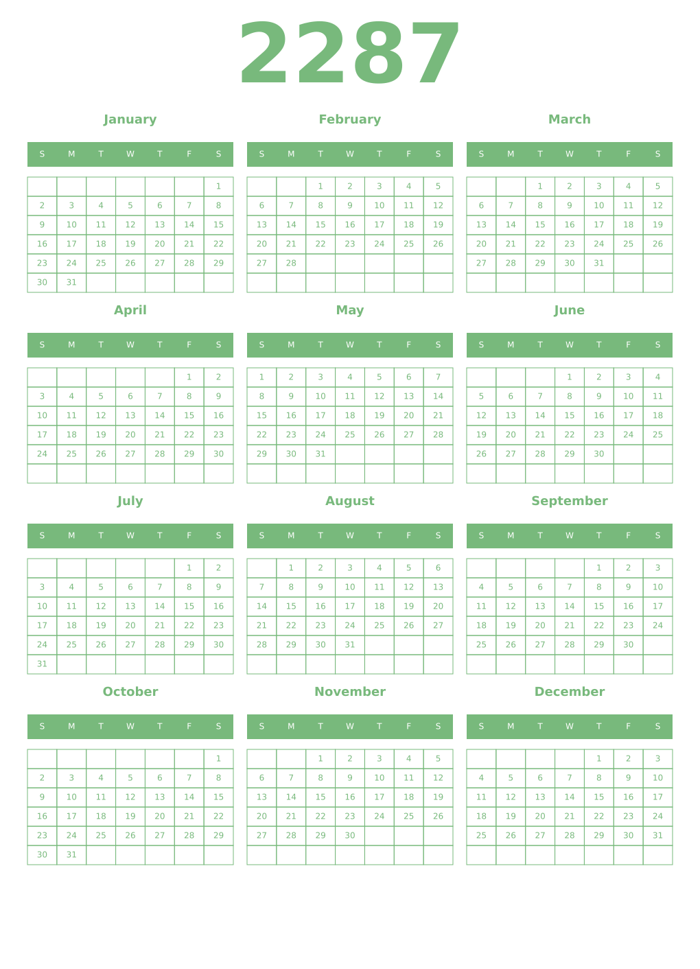 Printable 2287 Year Calendars celadon