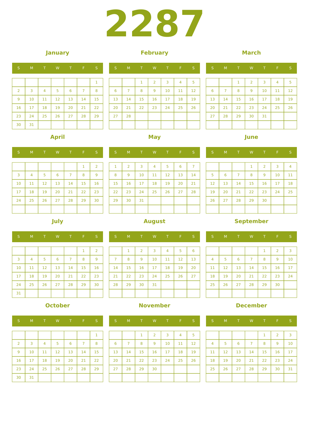 Printable 2287 Year Calendars chartreuse