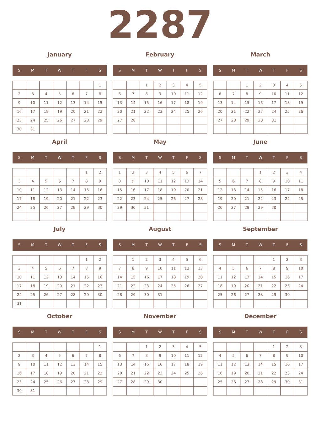 Printable 2287 Year Calendars coffe