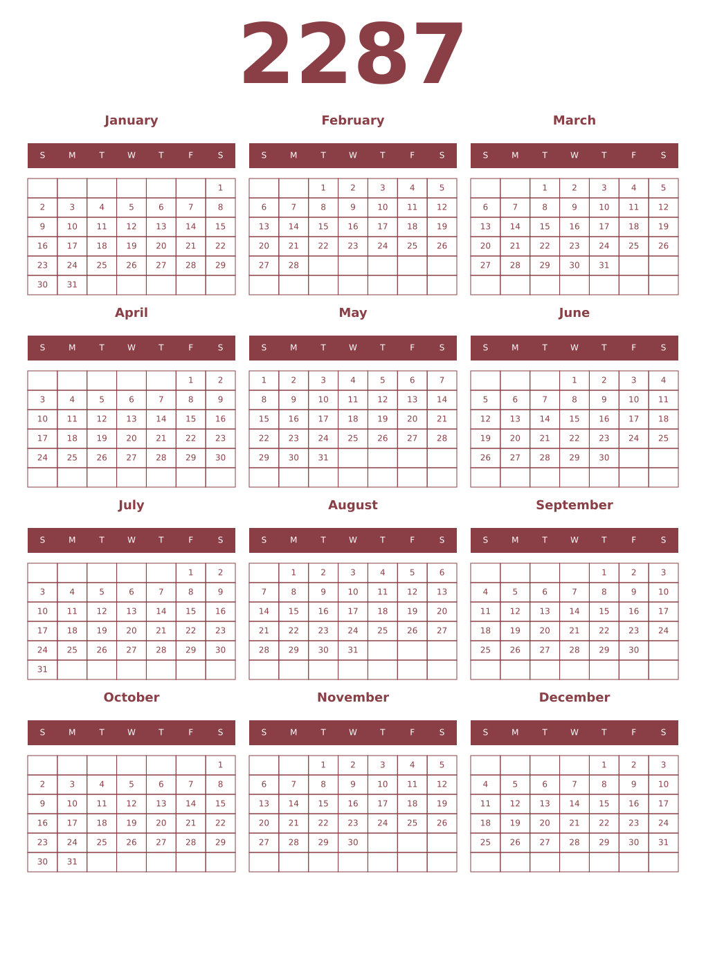 Printable 2287 Year Calendars cordovan