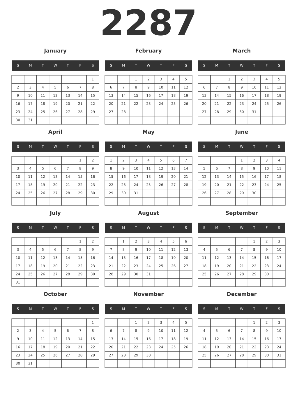 Printable 2287 Year Calendars dark