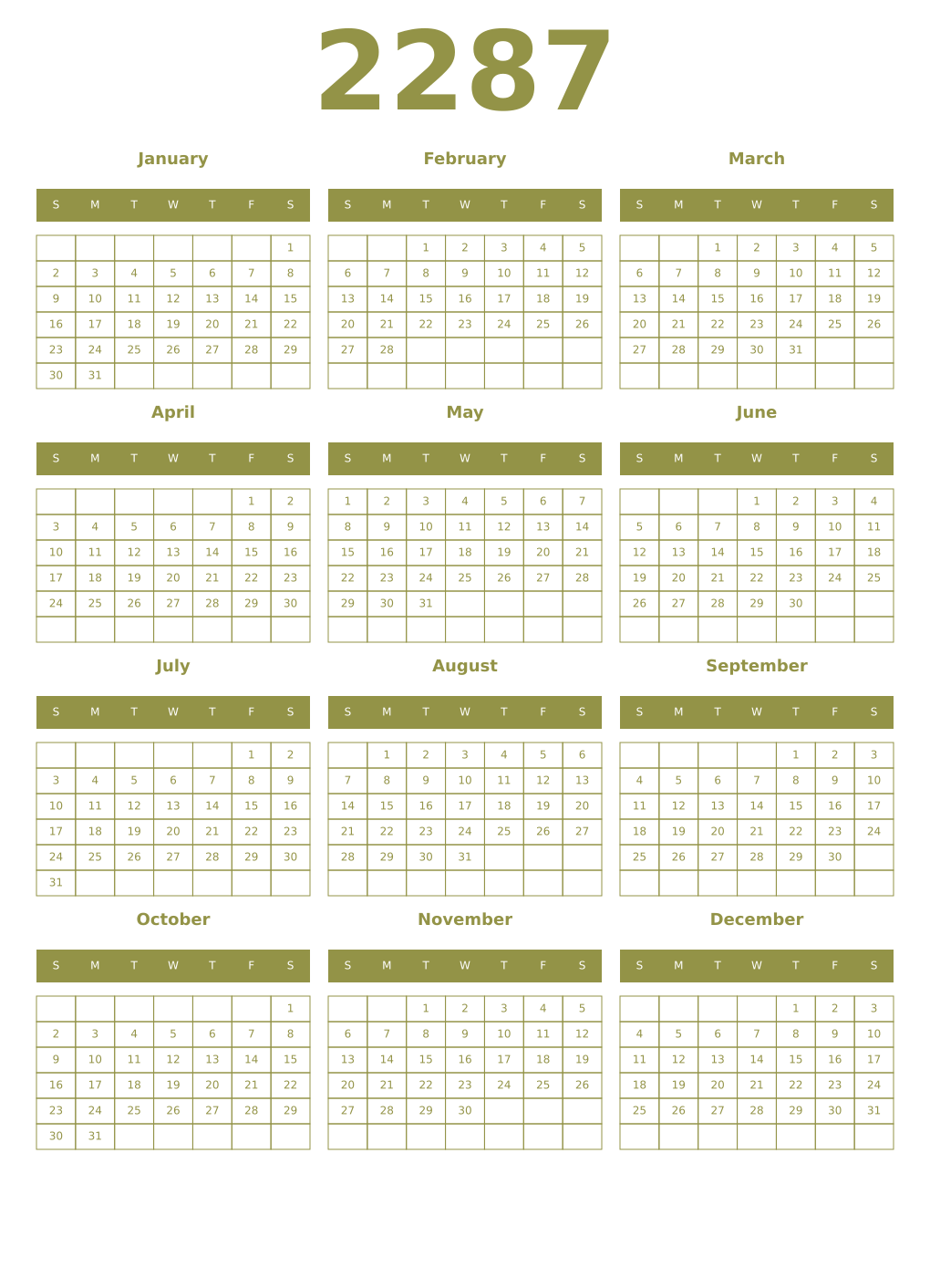 Printable 2287 Year Calendars eburnean