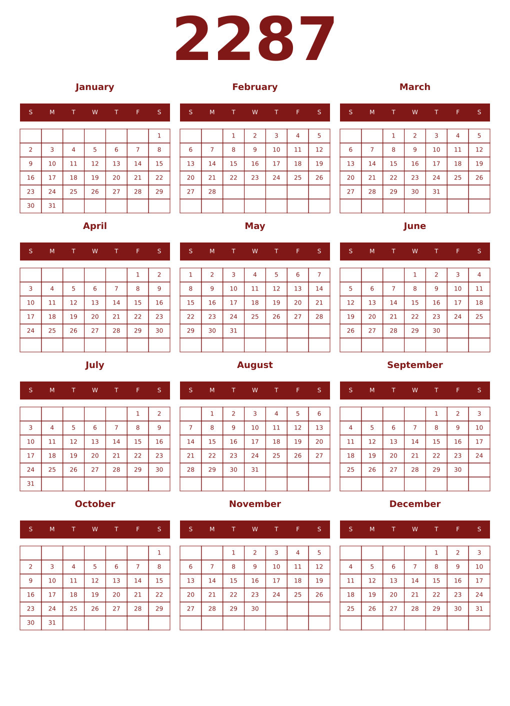 Printable 2287 Year Calendars falu