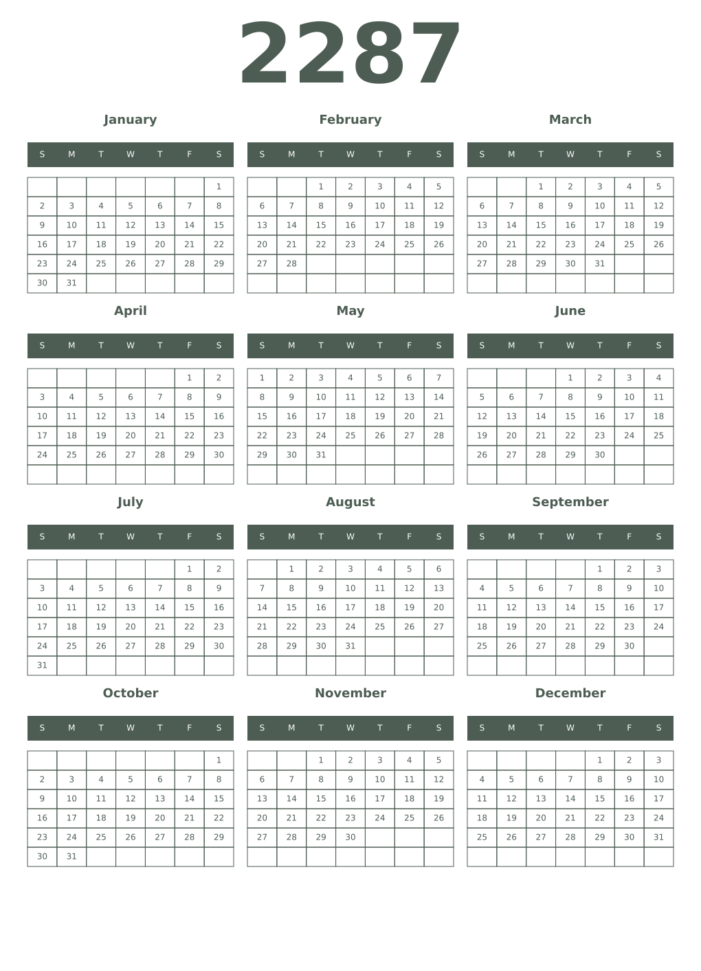 Printable 2287 Year Calendars feldgrau