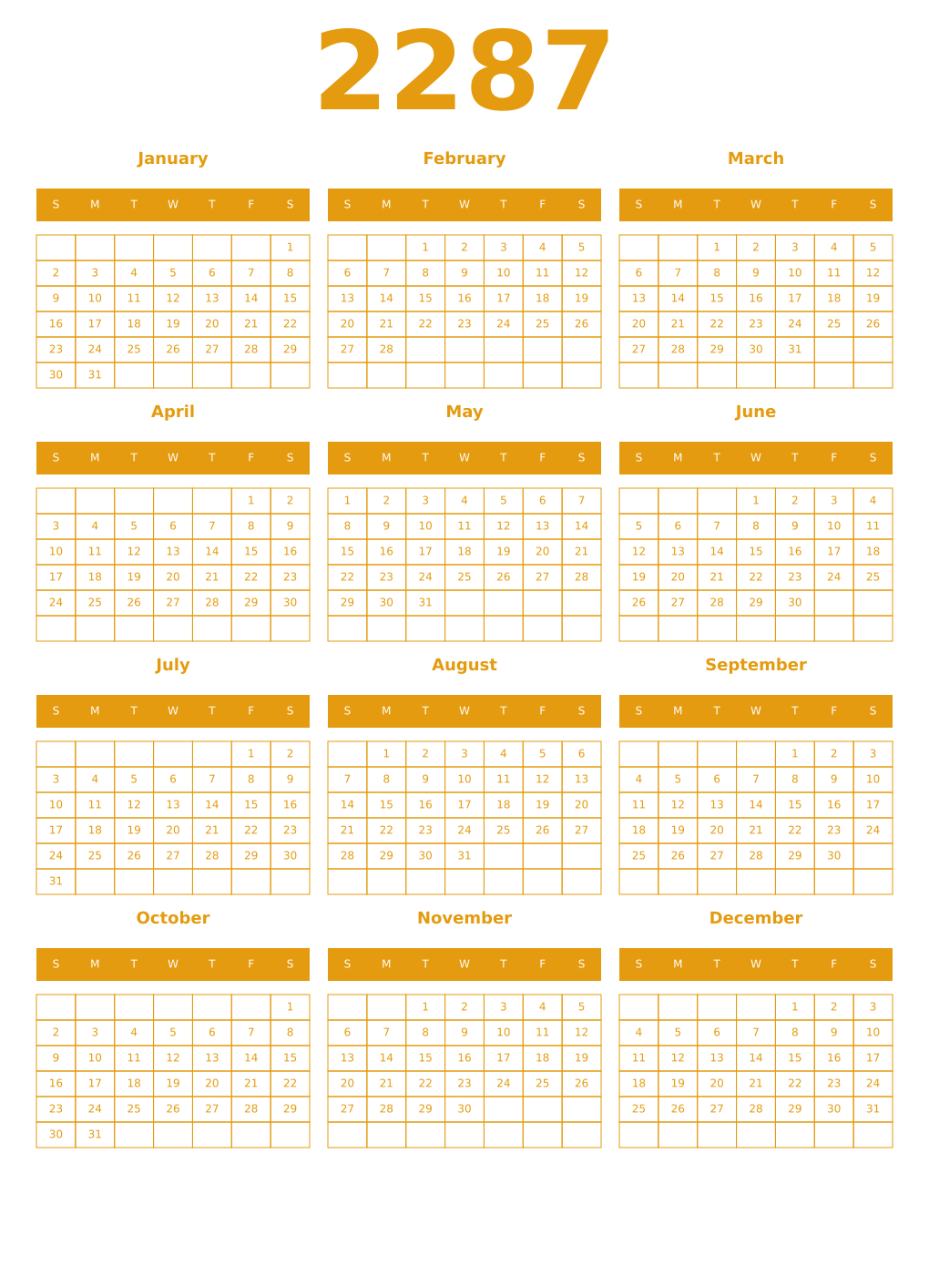 Printable 2287 Year Calendars gamboge