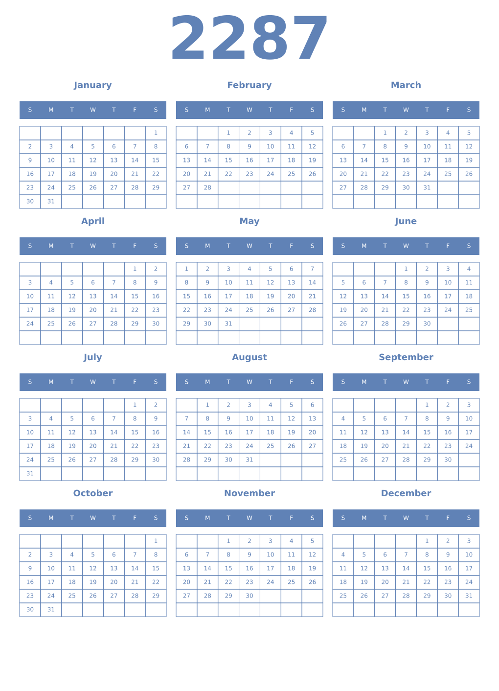 Printable 2287 Year Calendars glaucous