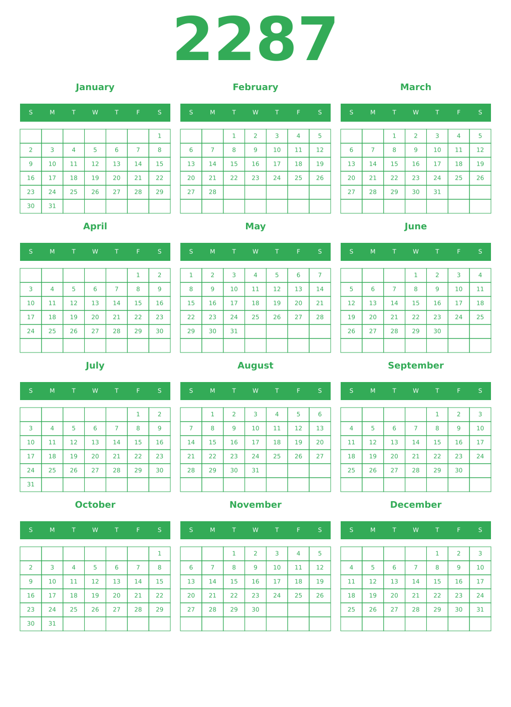 Printable 2287 Year Calendars green