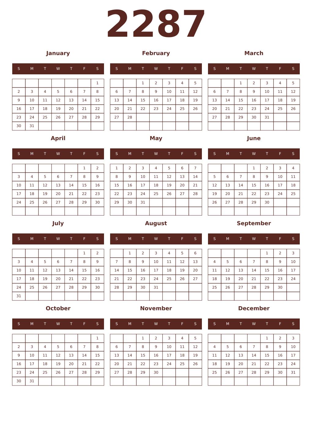 Printable 2287 Year Calendars mortuum
