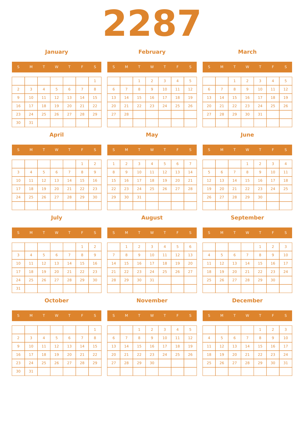Printable 2287 Year Calendars orange