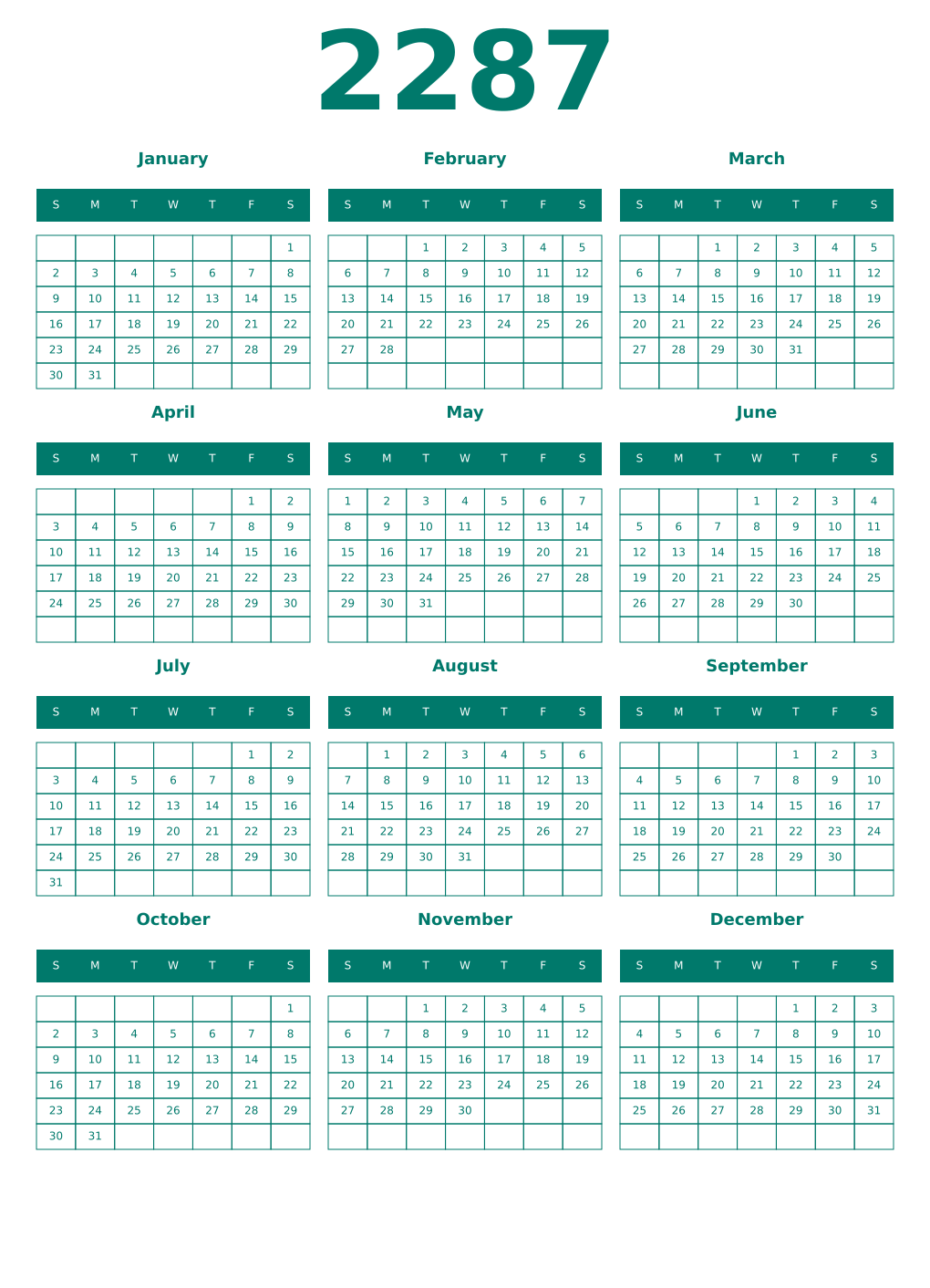 Printable 2287 Year Calendars pastel