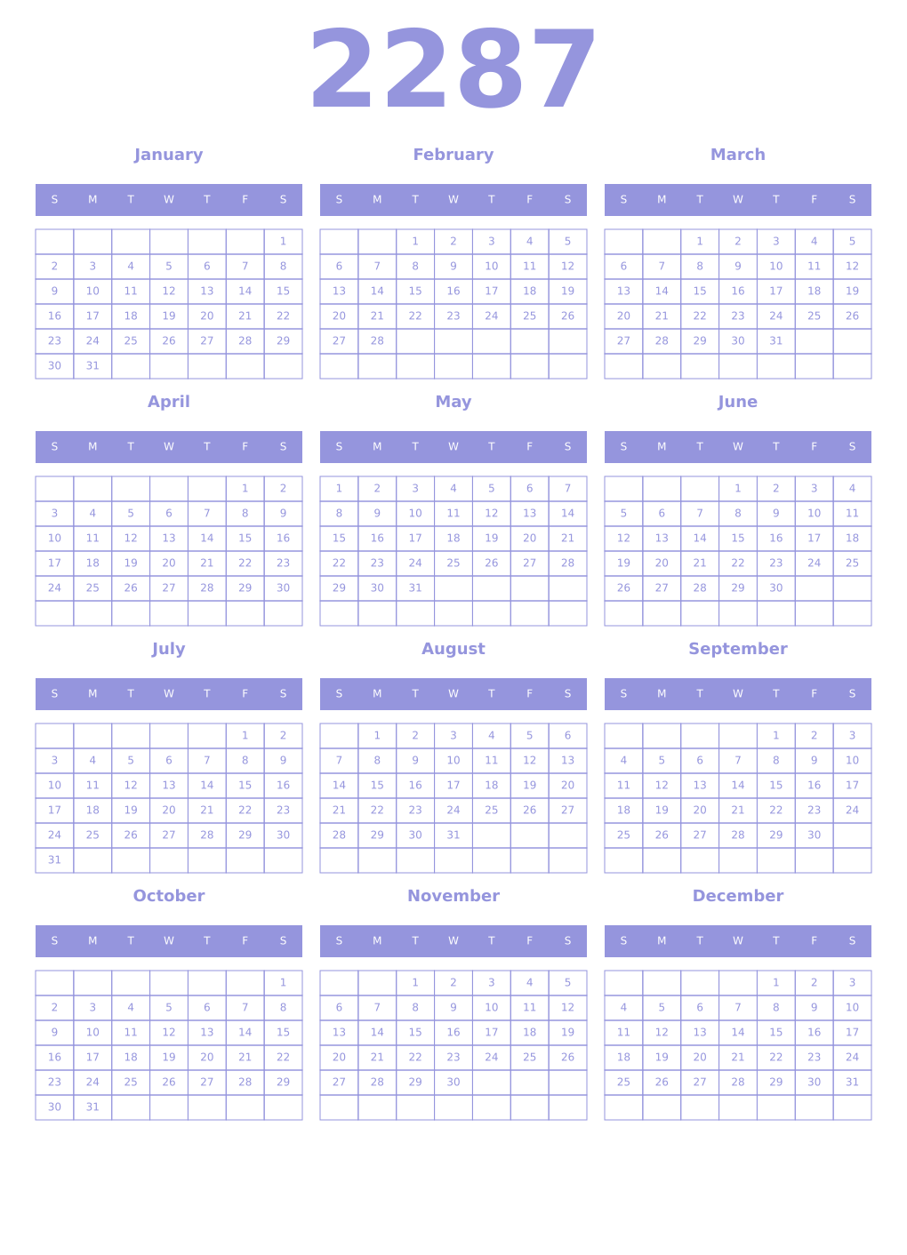 Printable 2287 Year Calendars periwinkle