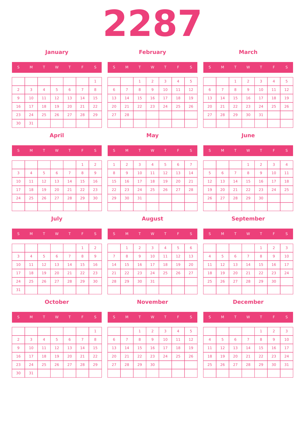 Printable 2287 Year Calendars pink