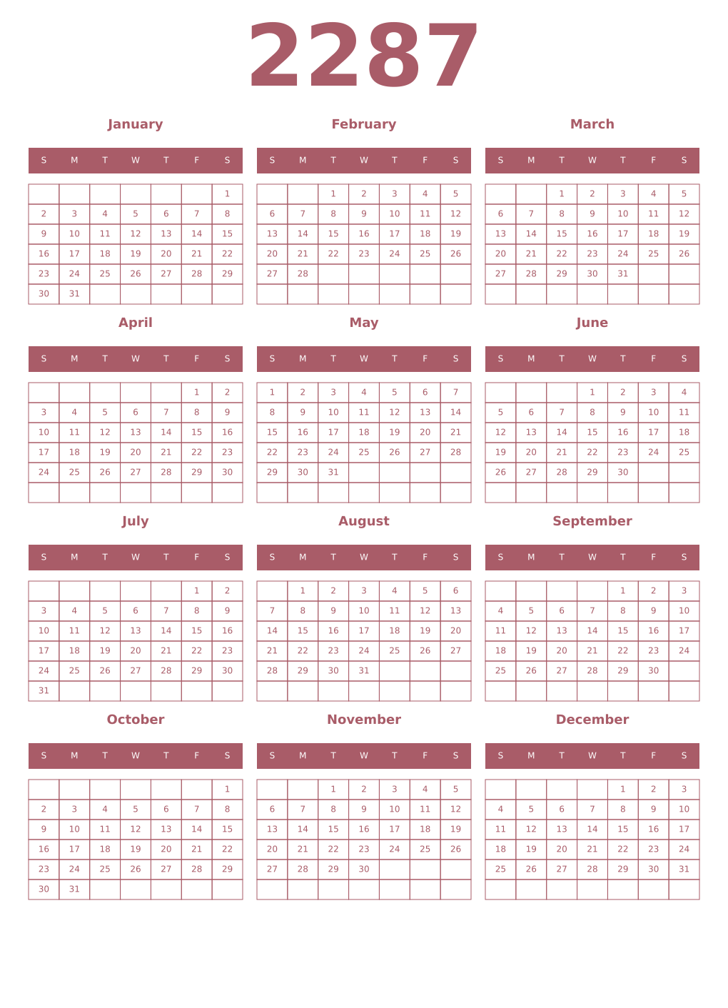 Printable 2287 Year Calendars puce