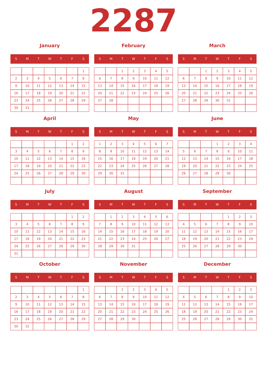 Printable 2287 Year Calendars red