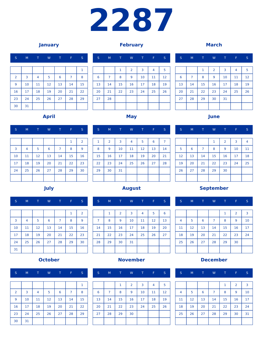 Printable 2287 Year Calendars smalt