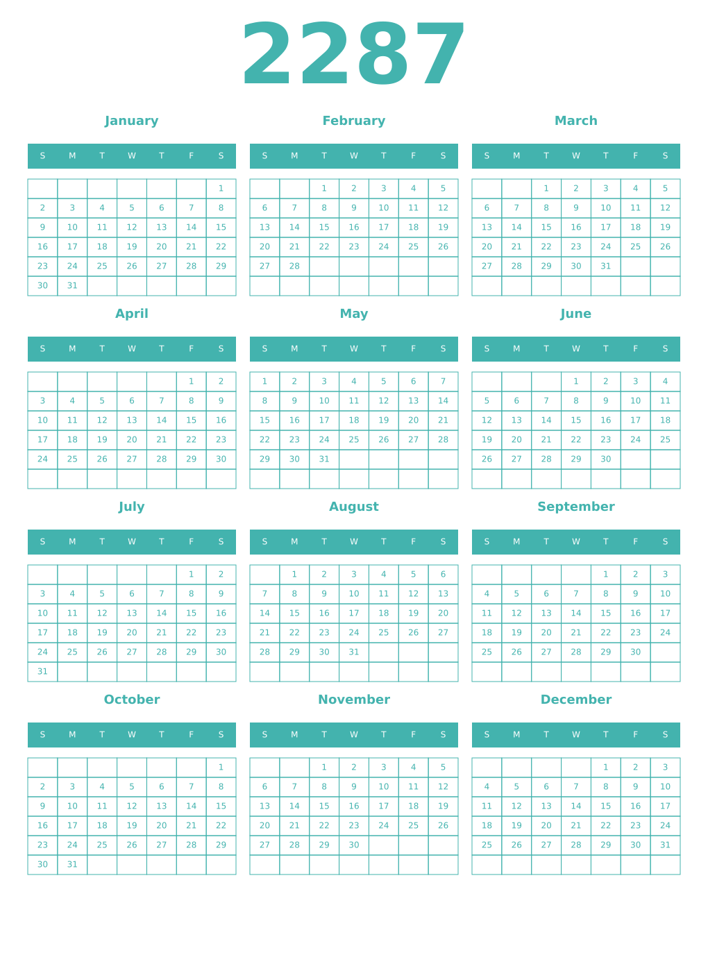 Printable 2287 Year Calendars verdigris