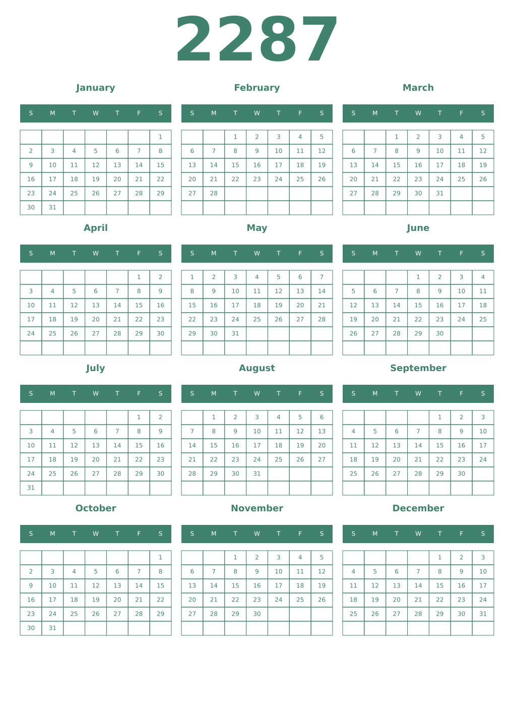Printable 2287 Year Calendars viridian