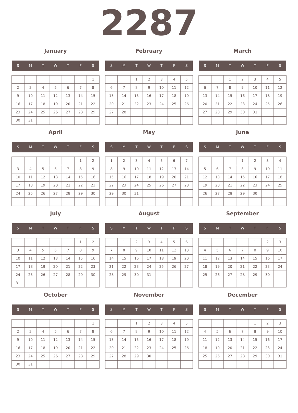 Printable 2287 Year Calendars wenge