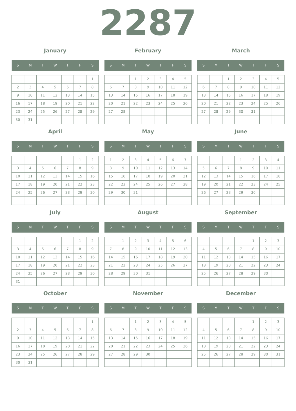 Printable 2287 Year Calendars xanadu