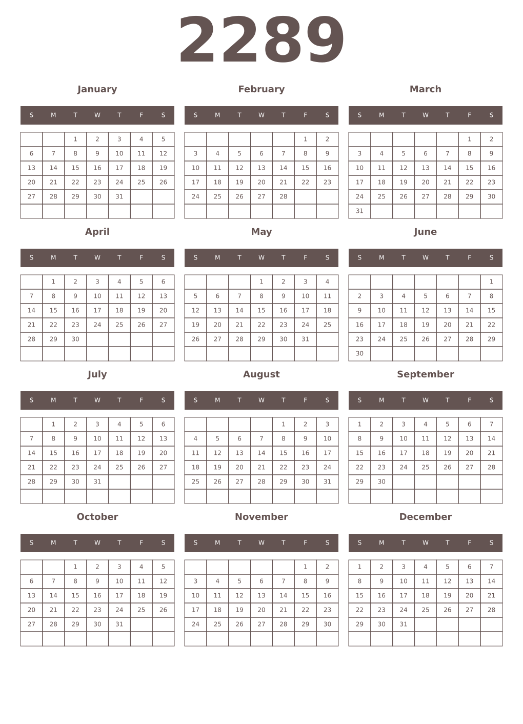 Printable 2289 Year Calendars wenge