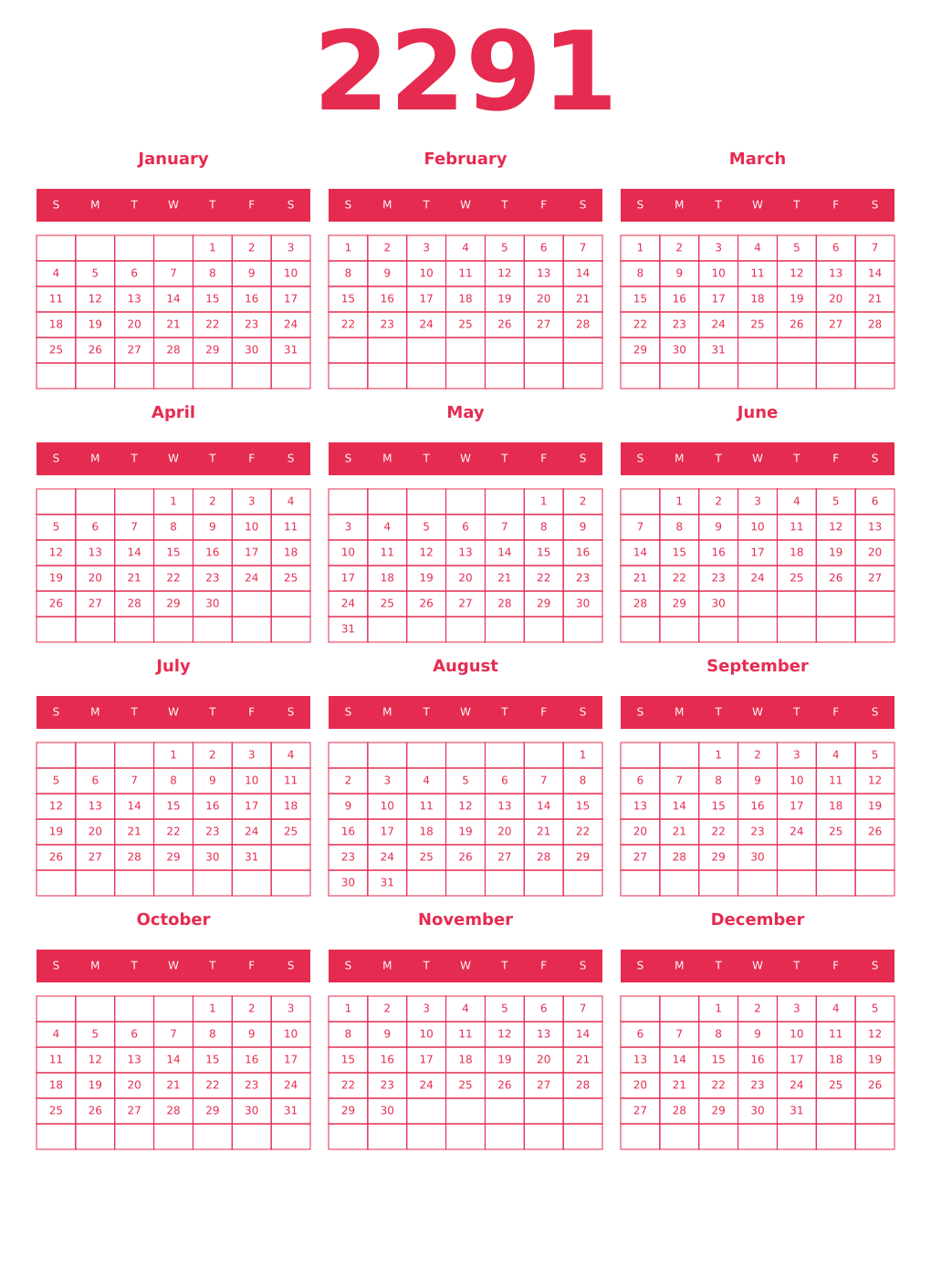 Printable 2291 Year Calendars amaranth