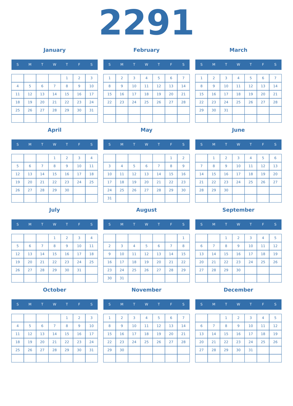 Printable 2291 Year Calendars blue