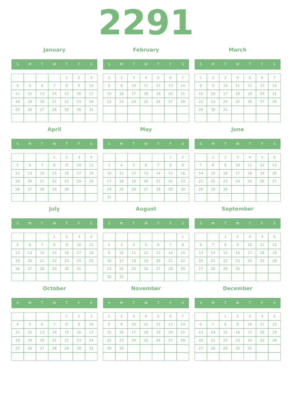 Printable 2291 Year Calendars celadon
