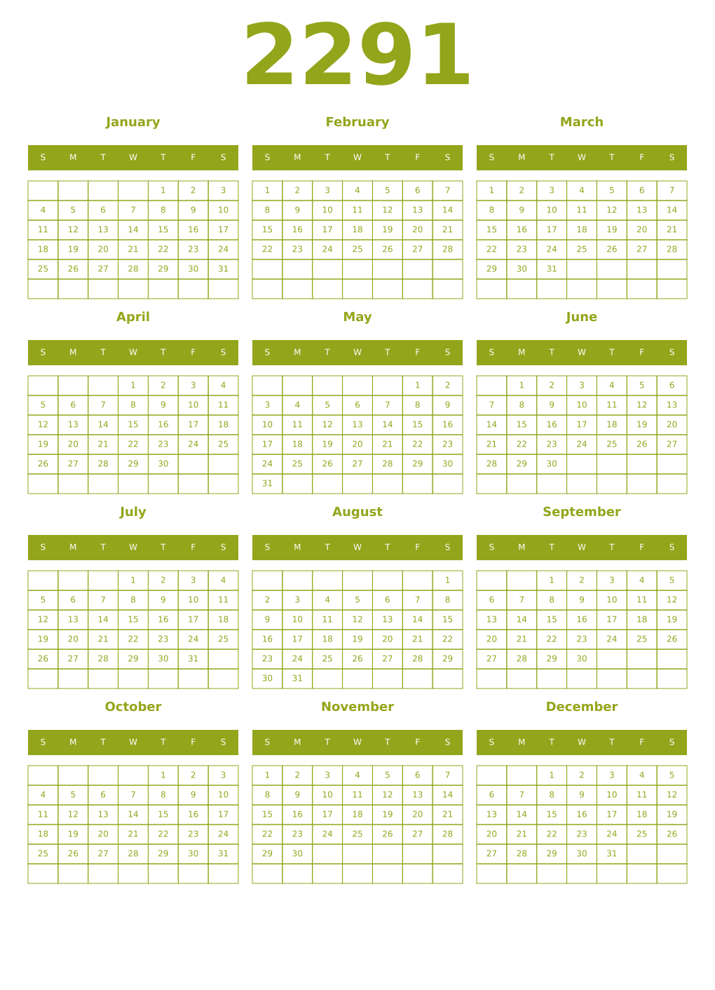 Printable 2291 Year Calendars chartreuse