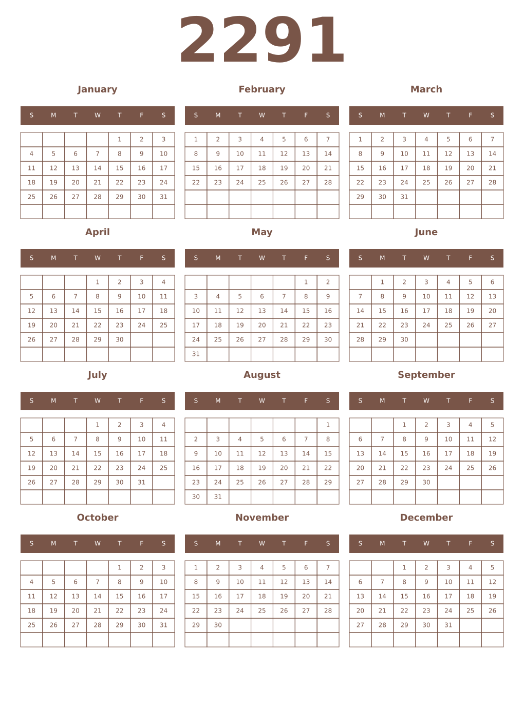 Printable 2291 Year Calendars coffe