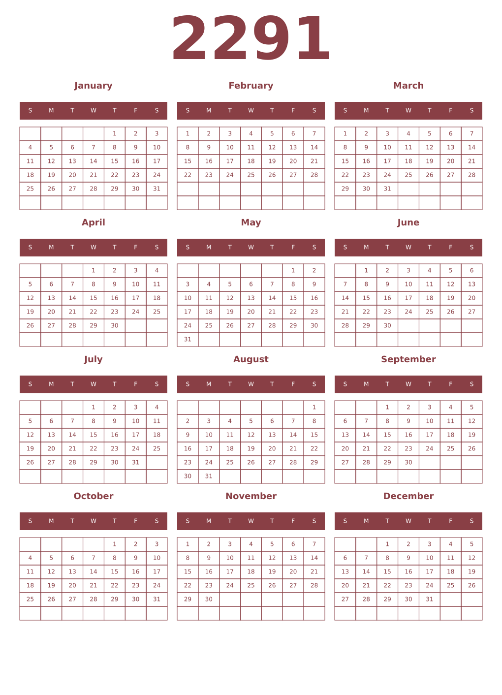 Printable 2291 Year Calendars cordovan